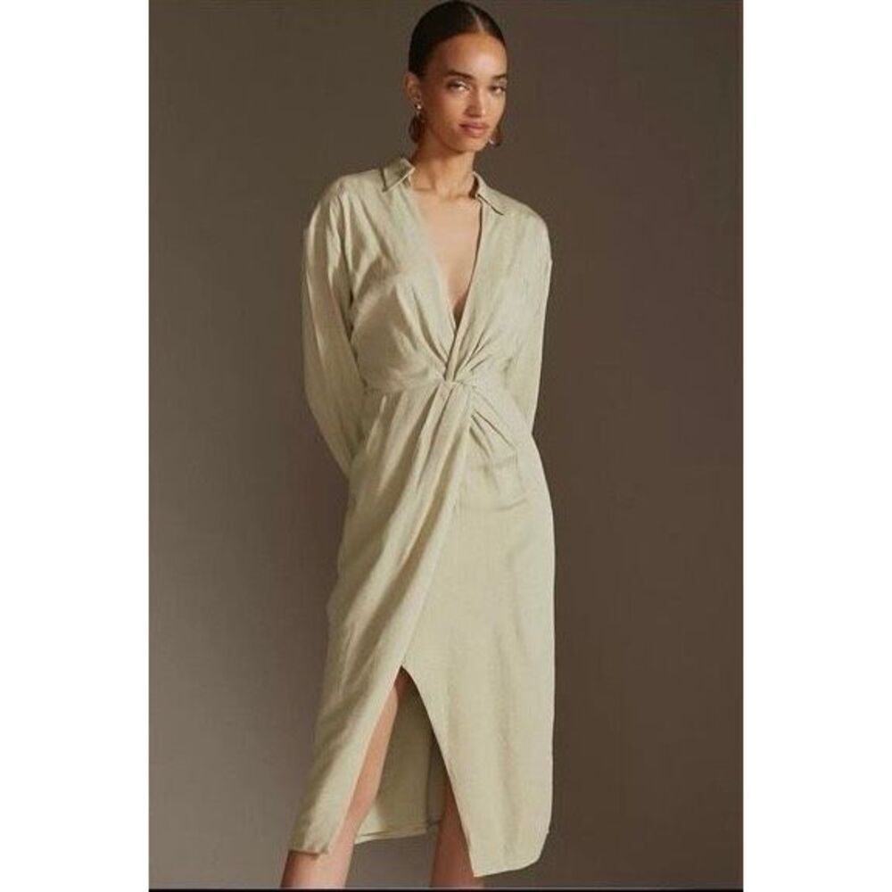 Anthropologie Dress Green V-Neck Knot Front Midi size 0
